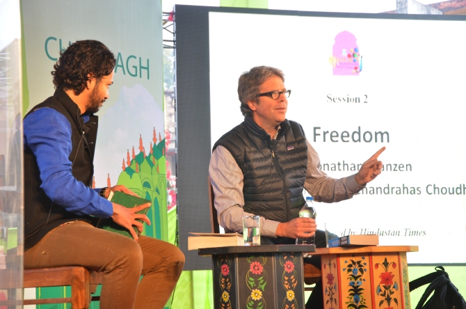 Authors Jonathan Franzen with Chandrahas Choudhury interact with the audience at the Jaipur Literature Festival