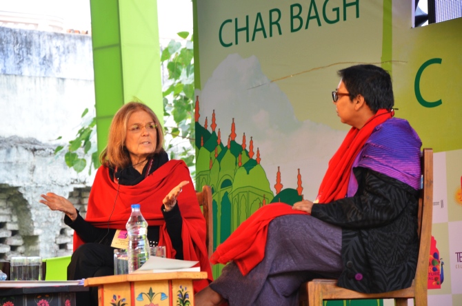 Activists Gloria Steinem and Ruchira Gupta at the Jaipur Literature Festival