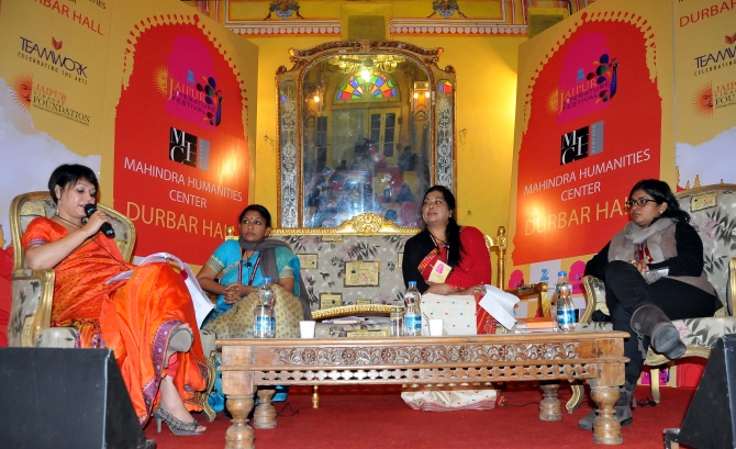 K R Meera and Anuradha Sharma Pujari are introduced by Aditi Maheshwari