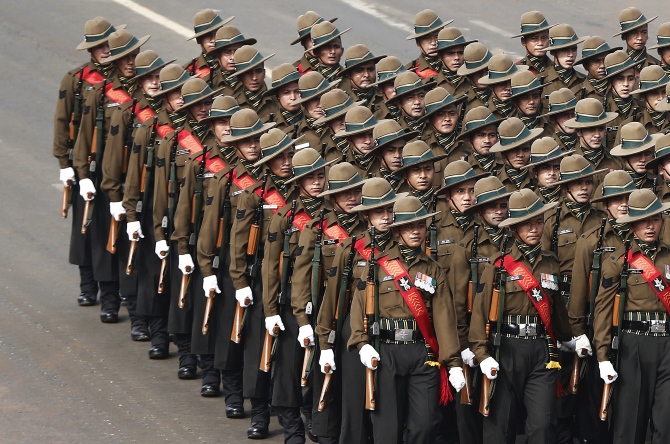 Gorkha soldiers march during the full dress rehearsal for the Republic Day parade in New Delhi on January 23, 2014.