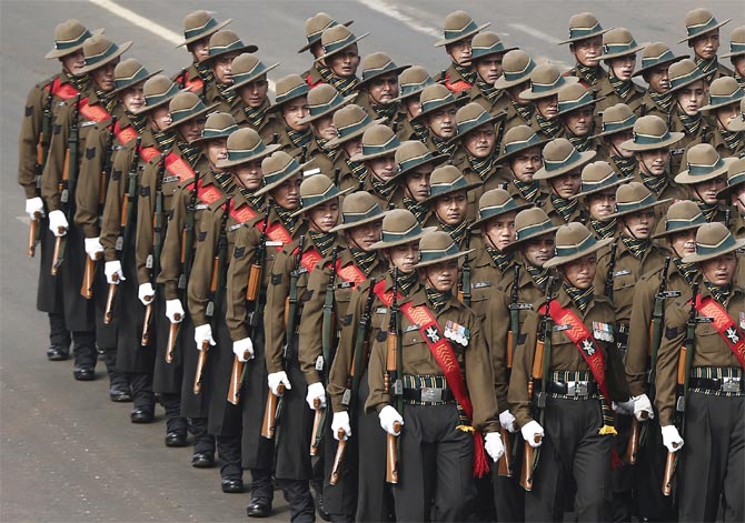 Army soldiers march the Republic Day parade in New Delhi.