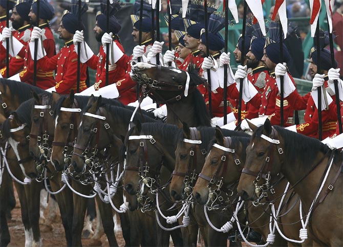 The Indian President's Body Guards, mounted on their horses, take part in the Republic Day parade