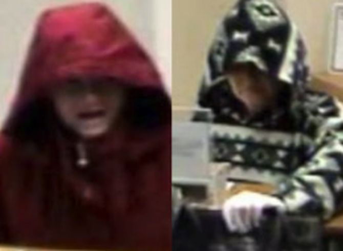 Video grab combination shows a female bank robber attacking the same bank twice in different hoodies