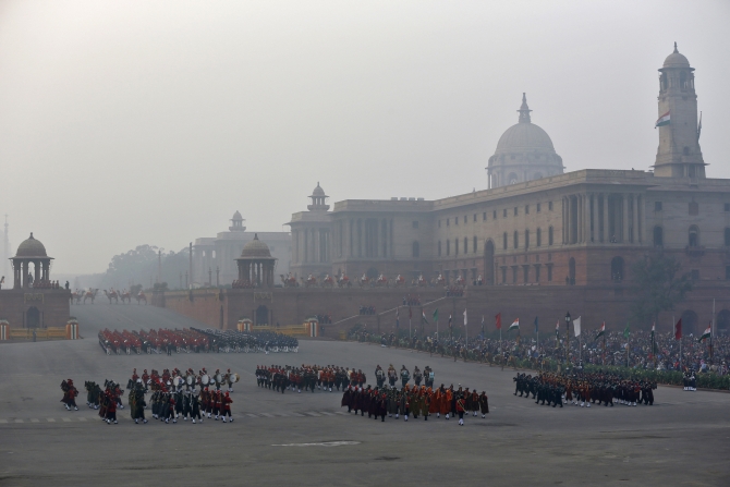 Bands of the military sound the retreat during the 'Beating the Retreat' ceremony in New Delhi.