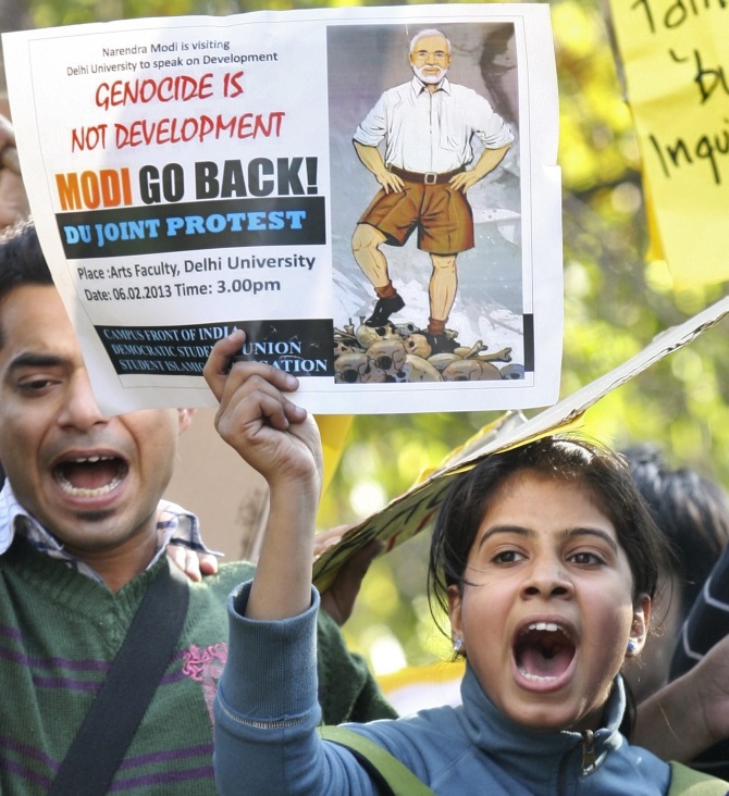 Demonstrators at a protest against Narendra Modi outside a New Delhi college.