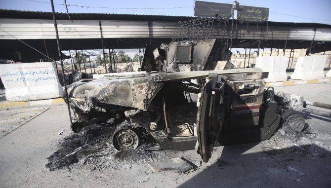 A completely gutted vehicle which was set on fire by the ISIS militants.