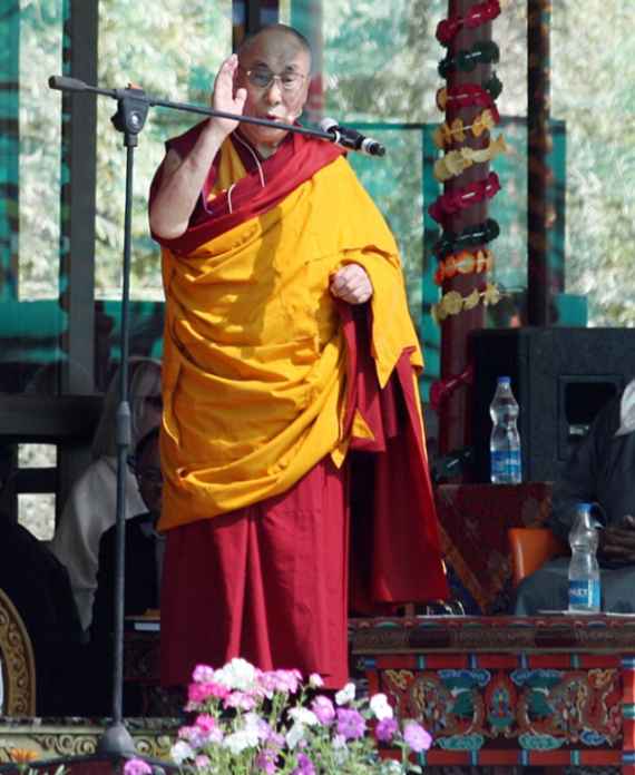His Holiness Dalai Lama addresses the gathering on his 79th birthday at ongoing 33rd Kalachakra ceremony in Leh, on Sunday