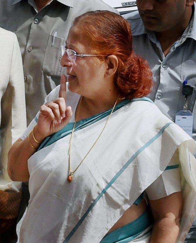 Lok Sabha Speaker Sumitra Mahajan speaks to reporters outside Parliament.