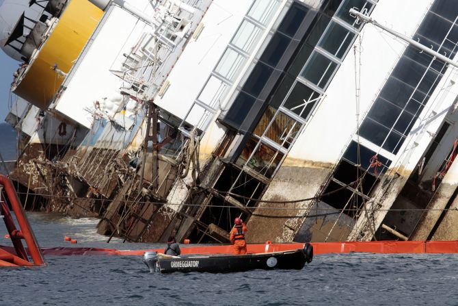 Salvage crew workers are seen in front of the capsized Costa Concordia cruise liner after the start of the parbuckling operation outside Giglio harbour.
