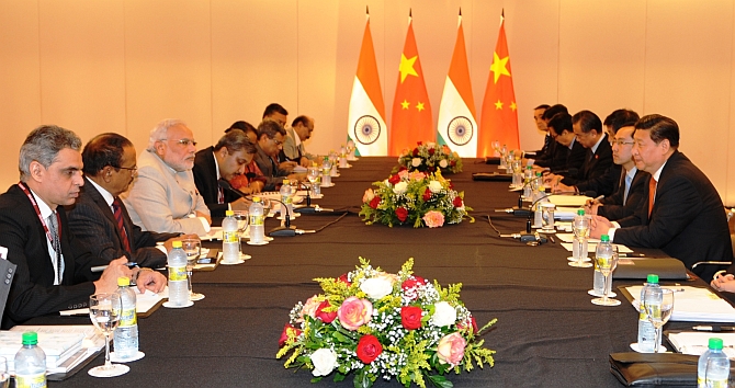 Prime Minister Modi at a bilateral meeting with Chinese President Xi Jinping, on the sidelines of the sixth BRICS Summit