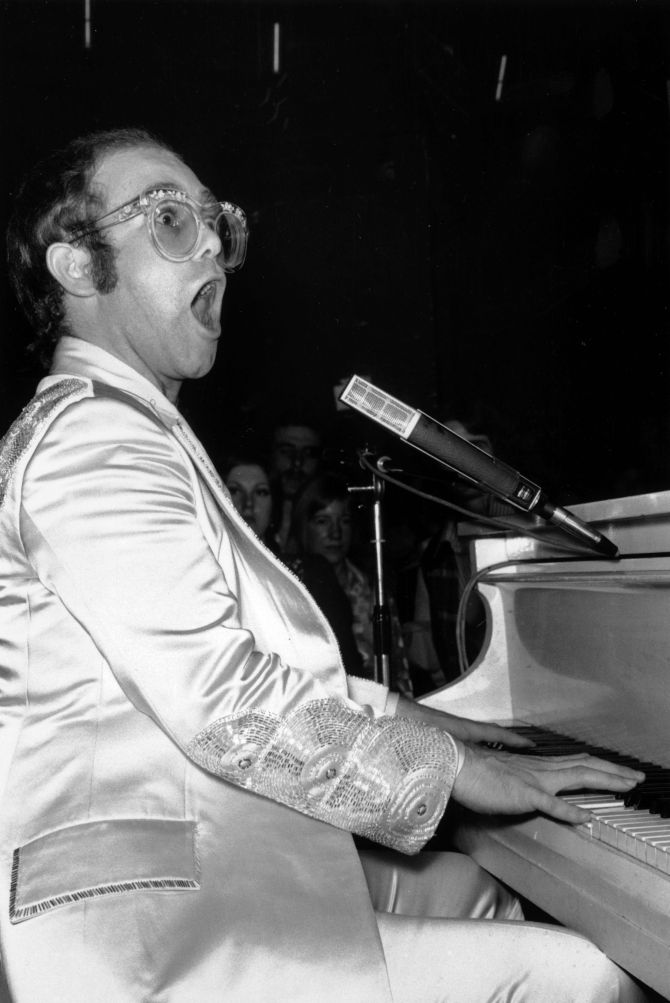 27 year old Elton John, born Reginald Dwight, performing at the Room At The Top, Ilford, London.