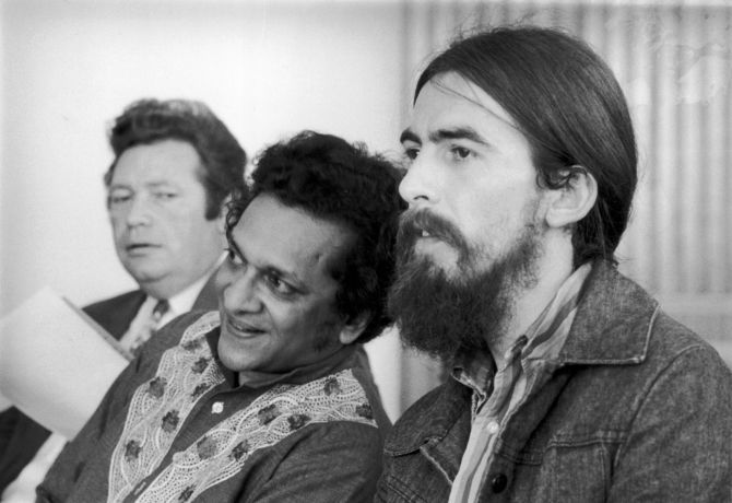 December 1971: Singer-songwriter George Harrison (1943 - 2001), former member of The Beatles, at the Royal Festival Hall with Indian sitar maestro Ravi Shankar, during the time Harrison helped to organise the 'Concert for Bangladesh'.