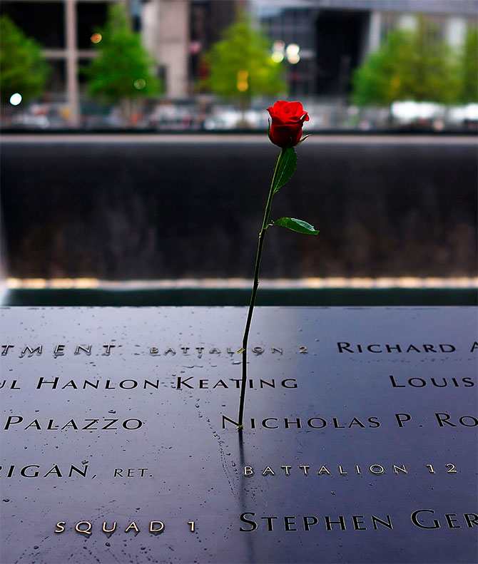 A rose is placed on a name engraved along the South reflecting pool during the dedication ceremony of the National September 11 Memorial Museum in New York.