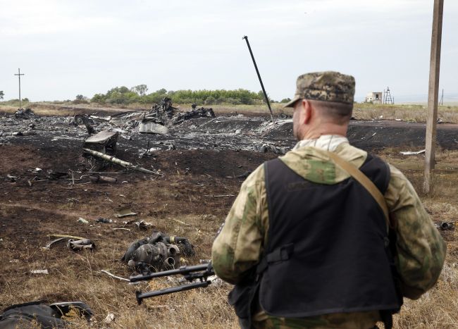 A pro-Russian separatist stands at the crash site of Malaysia Airlines Flight MH17, near the settlement of Grabovo in the Donetsk.