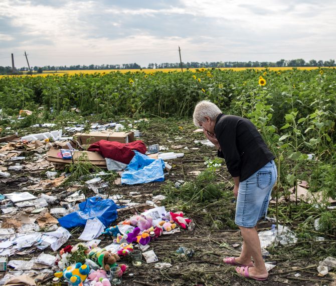 A woman pays her respects at the debris from Malaysia Airlines flight MH 17 which landed in a field of sunflowers 