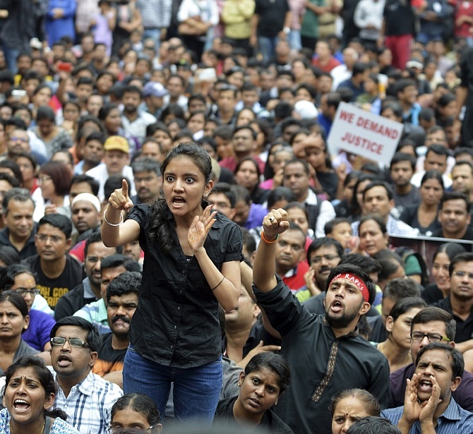 A demonstrator shouts slogans during a protest in the southern Indian city of Bangalore