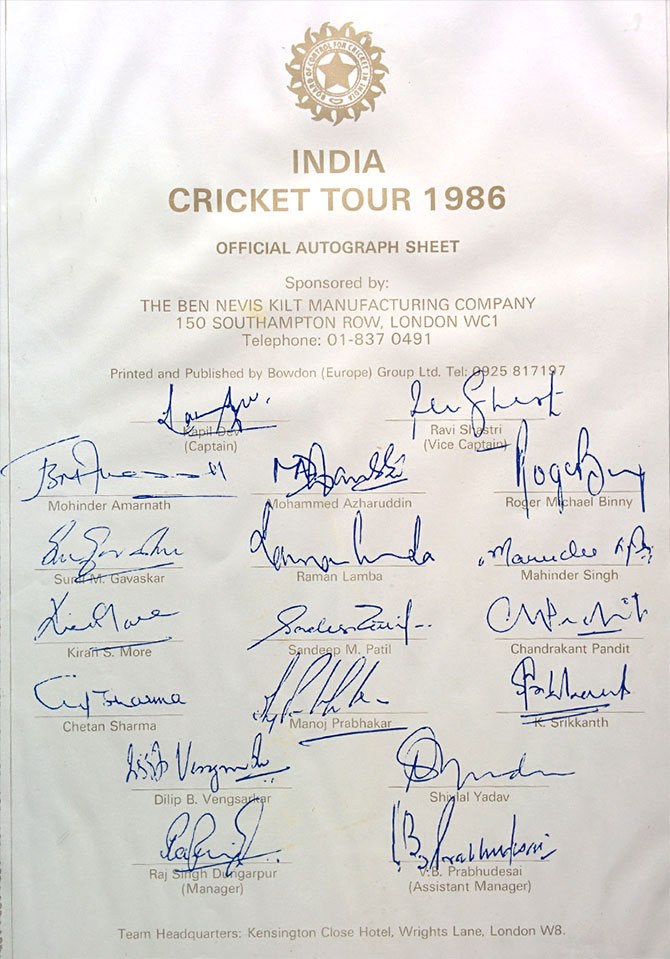 A rare autograph sheet of the Indian cricket team that toured England in 1986, the last time India won a Test at Lord's.