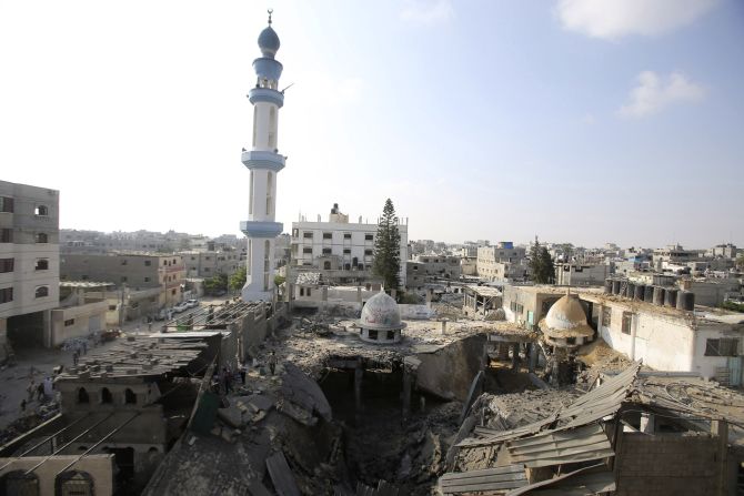 A general view of the remains of a mosque, which police said was hit in an Israeli air strike, is seen in Rafah in the southern Gaza Strip