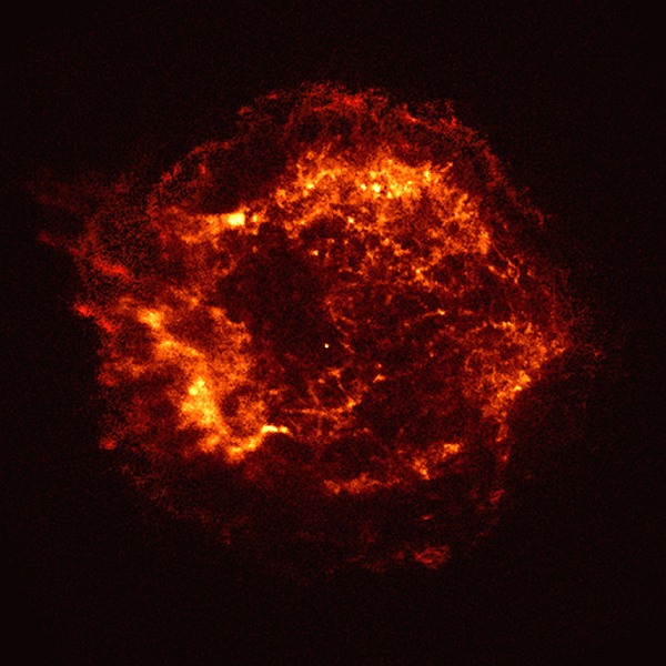 Cassiopeia A, or Cas A, is the remnant of a star that exploded about 300 years ago. The X-ray image shows an expanding shell of hot gas produced by the explosion. This gaseous shell is about 10 light years in diameter, and has a temperature of about 50 million degrees. Image taken in 1999.