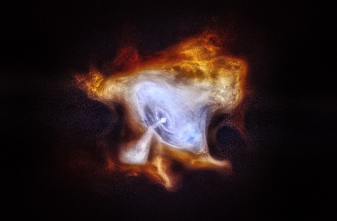This image shows the famous Crab Nebula. In 1054 AD, Chinese astronomers and others around the world noticed a new bright object in the sky. This new star was, in fact, the supernova explosion that created what is now called the Crab Nebula. At the center of the Crab Nebula is an extremely dense, rapidly rotating neutron star left behind by the explosion. The neutron star, also known as a pulsar, is spewing out a blizzard of high-energy particles, producing the expanding X-ray nebula seen by Chandra. In this new image, lower-energy X-rays from Chandra are red, medium energy X-rays are green, and the highest-energy X-rays are blue.