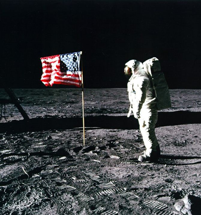 United States astronaut Buzz Aldrin salutes the American flag on the surface of the Moon after he and fellow astronaut Neil Armstrong became the first men to land on the Moon during the Apollo 11 space mission.