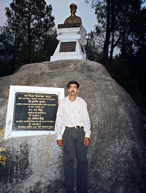Behind Vaibhav is Saurabh's statue and the rock his brother liked very much. The park has been named Saurabh Van Vihar.
