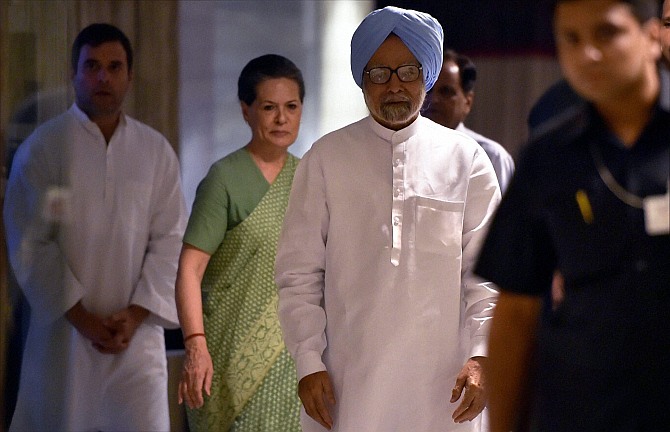 Former Prime Minister Manmohan Singh, Congress President, Sonia Gandhi and party vice president Rahul Gandhi