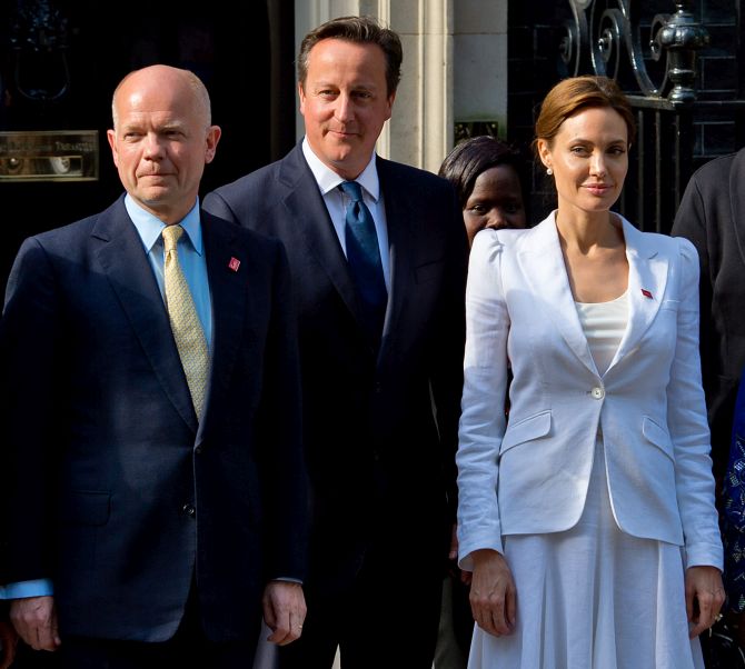  British Foreign Secretary William Hague, British Prime Minister David Cameron and Angelina Jolie before the meet.