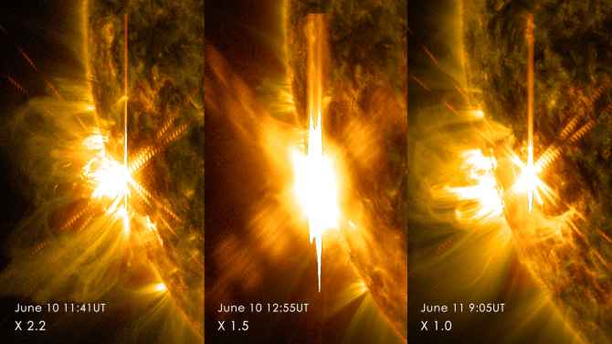 Combination photo showing the three solar flares
