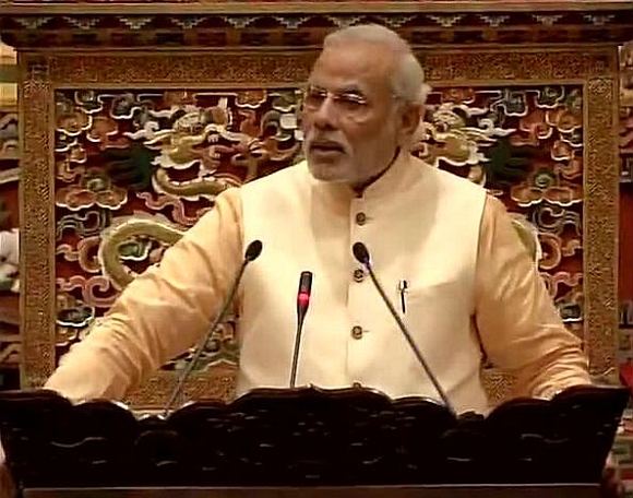 Modi delivers a speech in the Bhutan Parliament on Monday  
