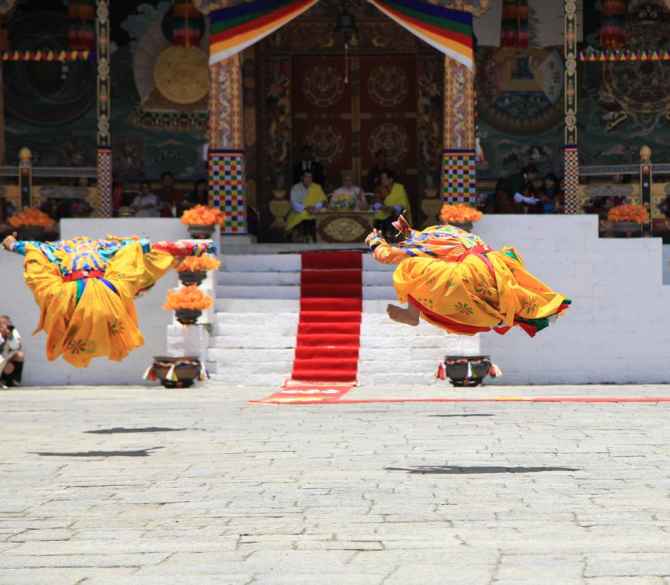  Traditional Bhutanese dancers showcase their skills at a ceremony to welcome PM Narendra Modi on Monday 