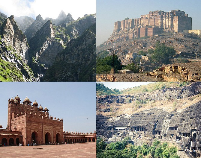 (Clockwise): Mehrangarh Fort, Ajanta Caves, Fatehpur Sikri and The Great Himalayan National Park 