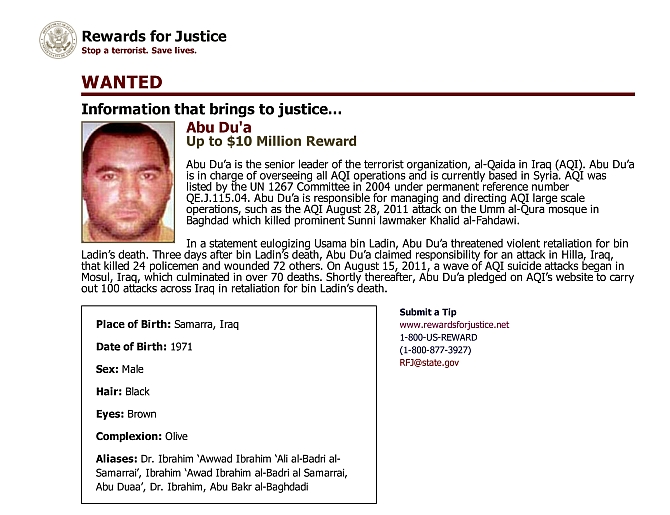 Abu Bakr al-Baghdadi, commander of ISIS, is shown in a US State Department wanted poster handout image
