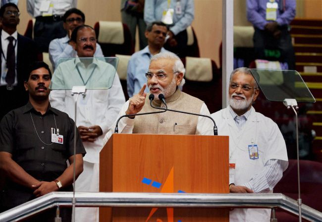 Prime Minister Modi addresses ISRO scientists at the PSLV launch. Photograph: PTI Photo