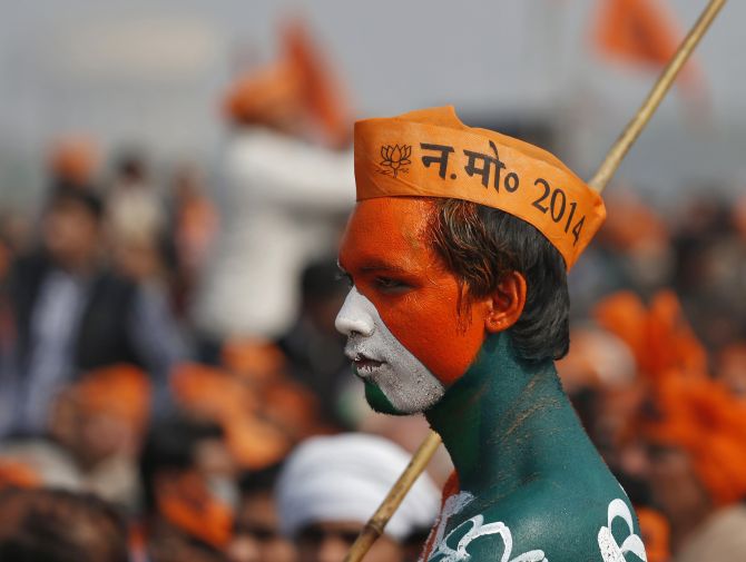 A BJP supporter at a rally addressed by Narendra Modi, the party's prime ministerial candidate, at Meerut in Uttar Pradesh.