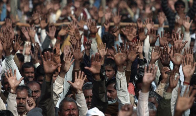 Congress supporters at an election rally addressed by party Vice President Rahul Gandhi at Unnao in Uttar Pradesh.