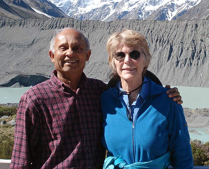 Dinesh Desai with his wife Joy, below Mount Cook, New Zealand.
