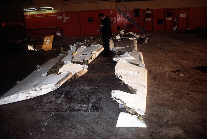 Wreckage from an Arrow Air DC-8 commercial aircraft is stored in a Gander Airport hangar for analysis by members of the Canadian Air Safety Board