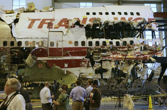 The remains of the TWA Flight 800 from New York to Paris that exploded off Long Island, New York, reassembled from recovered wreckage, on display at National Transportation Safety Board Training Facility in Ashburn, Virginia
