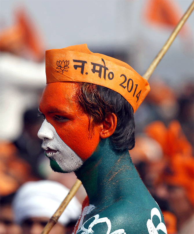 A BJP supporter at a rally being addressed by Narendra Modi in Meerut, UP.
