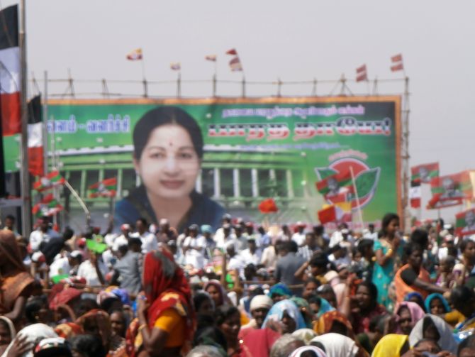 A banner of Tamil Nadu Chief Minister Jayalalithaa at her election rally in Tuticorin on Friday, with Parliament as the backdrop.