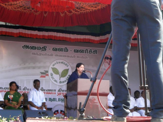 Tamil Nadu Chief Minister Jayalalithaa addressing an election rally in Tuticorin on Saturday.