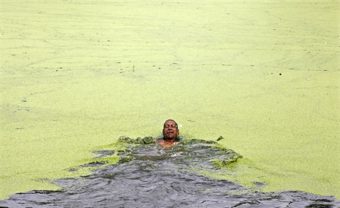 A man swims in the polluted waters of a pond on the outskirts of Kolkata.