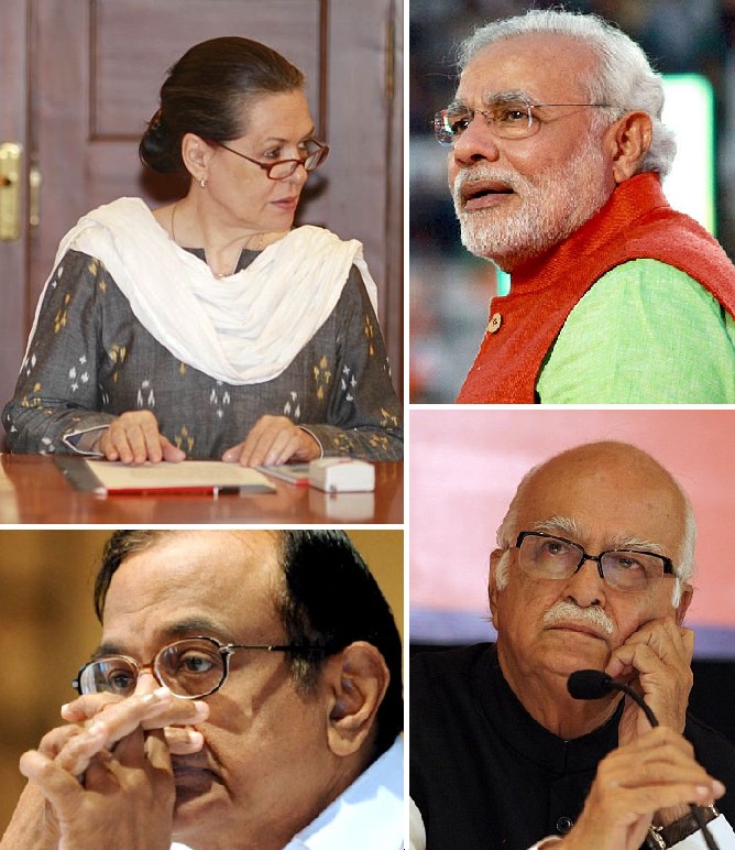 (Clockwise) Congress chief Sonia Gandhi, BJP's Narendra Modi and L K Advani and Finance Minister P Chidambaram