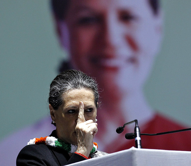 Congress chief Sonia Gandhi speaks at a party meet in New Delhi