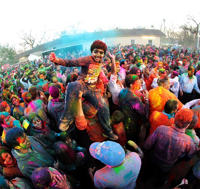 Indian Americans celebrate Holi at Dwarkadhish Temple in New Jersey on March 22