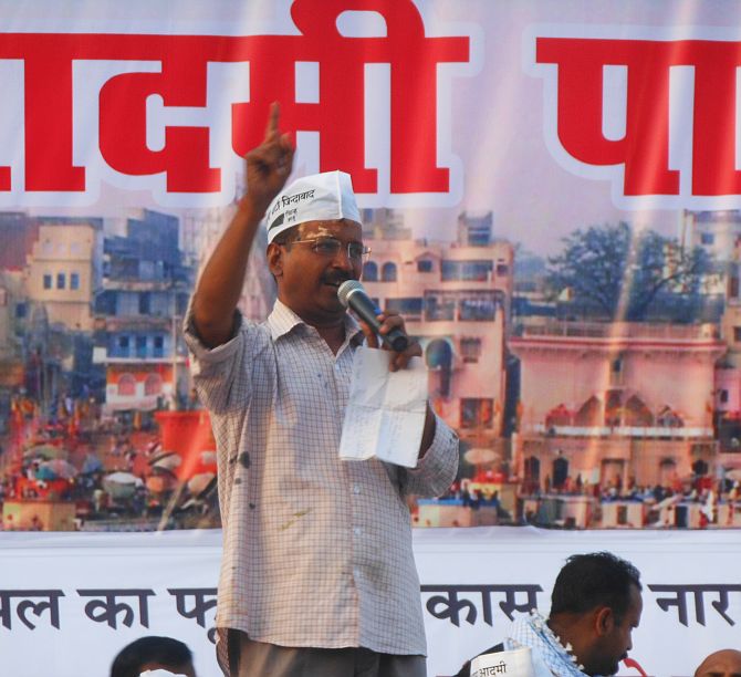 Arvind Kejriwal addressing AAP supporters at a rally in Varanasi on Tuesday
