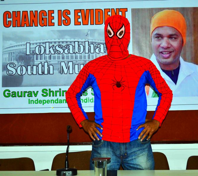 'Spidey' Gaurav Sharma, independent candidate from South Mumbai Lok Sabha constituency, at a media conference on Tuesday
