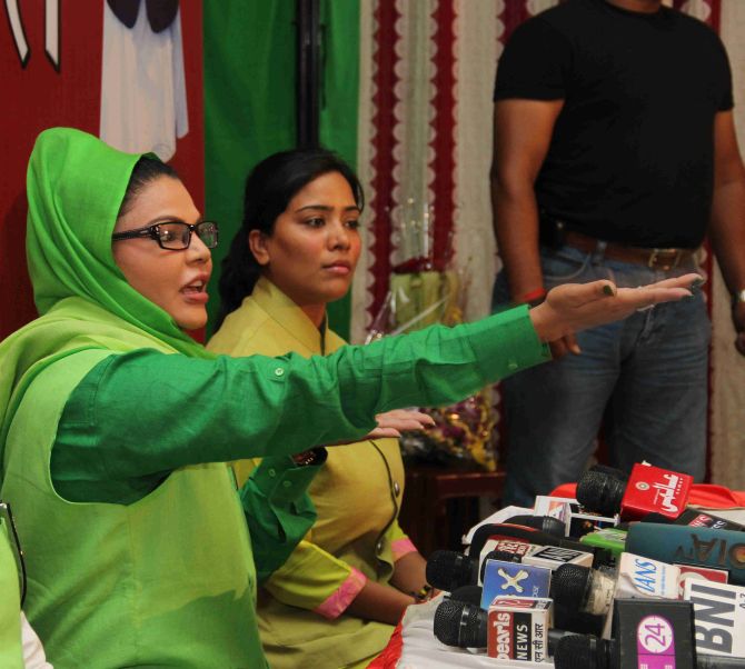 Rakhi Sawant interacting with mediapersons on her political plans, in Mumbai on Wednesday