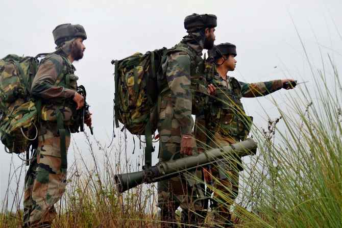 Soldiers engaging in an encounter with suspected LeT terrorists at Katha near Jammu on Friday